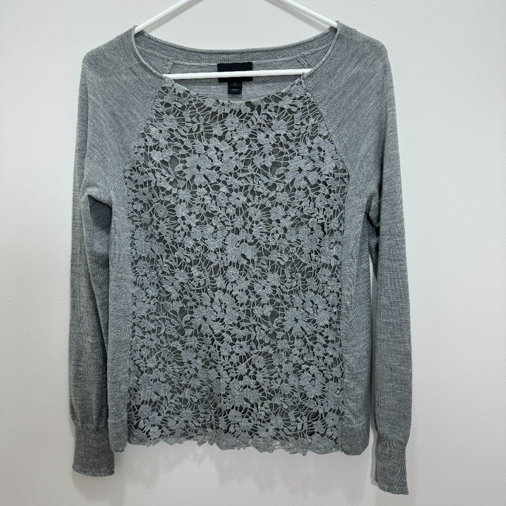J.Crew Grey Floral Lace Overlay Wool Sweater Size Small